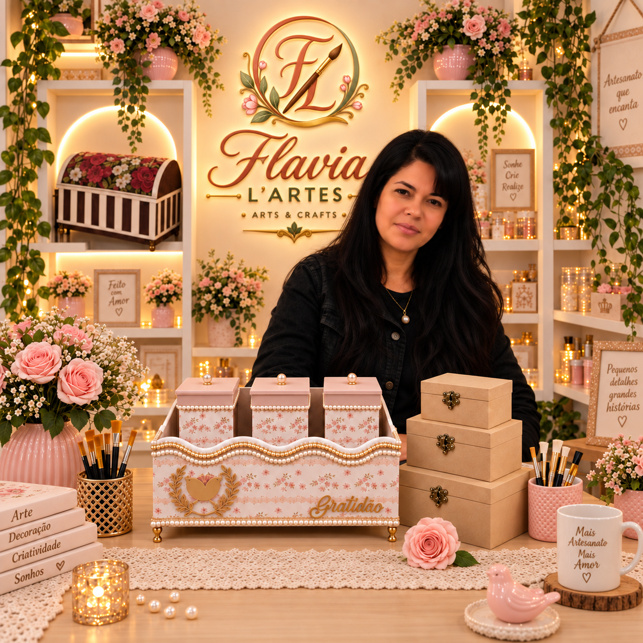 Flávia em uma mesa com peças artesanais, pincéis e flores no ateliê